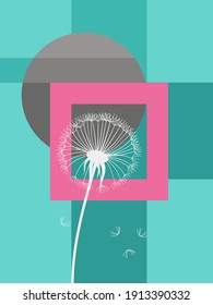 Contemporary art poster in pastel colors with dandelion. Herbal, plants elements and strokes, leaves. Design for social media, postcards, print, cover. Wall decoration. Art  decor. Background. 