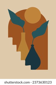 Contemporary art poster with vase interior design illustration. Staircase and pottery