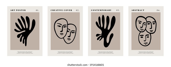 Contemporary art posters. Abstract Matisse inspired shapes. Human faces and floral natural elements. Vector illustration