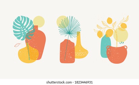 Contemporary art posters with compositions of ceramics with flowers. Different decorative vases. Posters, postcards, templates. Vector illustration.