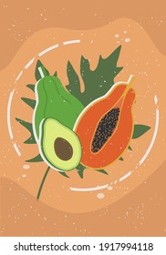Contemporary art posters in pastel colors with papaya and avocado. Design for social media, postcards, print, wall decoration, background template, brochure cover. Tropical. Isolated objects. Fruits