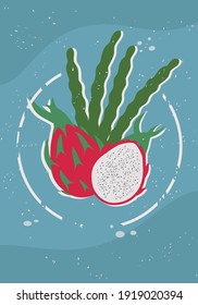 Contemporary art posters in pastel colors with dragon fruit, pitaya. Design for social media, postcards, print, wall decoration, background template, brochure cover. Tropical. Isolated objects. Fruits