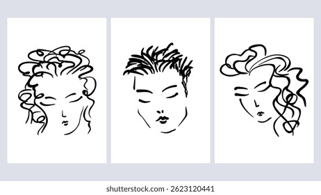 Contemporary Art Posters Set of Asian Lady Face Closed Eyes, Expressive Hairstyles Fashion Beauty Artistic Portrait for Salon Branding. Minimal Freehand Hand Drawn Linework Style Vector Illustration