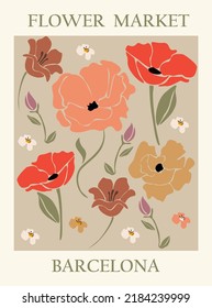 Contemporary art print with abstract flowers - poppies and tulips. Flower market poster. Trendy background for wall arts, prints, covers, cards. Cartoon flat vector art illustration.