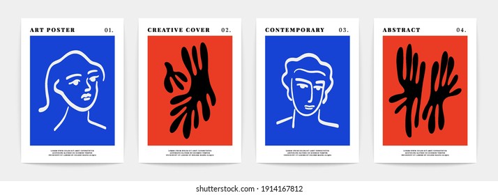 Contemporary art print. Matisse inspired posters. Abstract creative shapes of human faces and floral design in vector