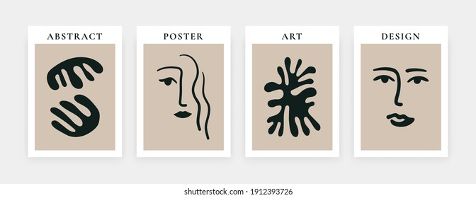 Contemporary art print set. Abstract posters Matisse inspired faces shapes for decoration. Vector illustration
