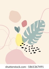 Contemporary art print. Vector hand drawn artwork. Trendy 50s, 60s retro, vintage. Matisse style. Hugge home, house decor. Wallpaper, banner. Beige, black, pink, green, yellow soft colors. Minimalism
