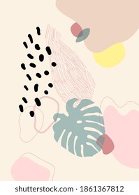 Contemporary art print. Vector hand drawn artwork. Trendy 50s, 60s retro, vintage. Matisse style. Hugge home, house decor. Wallpaper, banner. Beige, black, pink, green, yellow soft colors. Minimalism