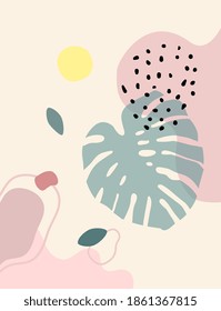 Contemporary art print. Vector hand drawn artwork. Trendy 50s, 60s retro, vintage. Matisse style. Hugge home, house decor. Wallpaper, banner. Beige, black, pink, green, yellow soft colors. Minimalism