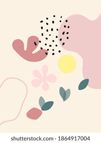 Contemporary art print. Vector hand drawn artwork. Trendy 50s, 60s retro, vintage. Matisse style. Hugge home, house decor. Wallpaper, banner. Beige, black, pink, green, yellow soft colors. Minimalism