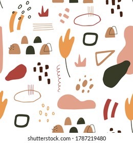 Patrón sin fisuras del arte contemporáneo. Diseño mínimo de la cubierta. Textura geométrica abstracta. Objetos de doodle cortados con papel. Formas orgánicas en colores de terracota. Ilustración vectorial.