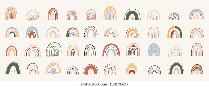 Contemporary art style colorful rainbows set. Hand drawn rainbows in different shapes. Scandinavian style. Cartoon vector illustration in children's drawings style with earthy colors.Vintage rainbow set.