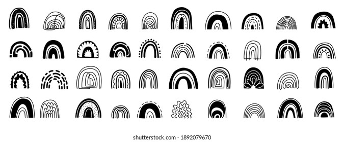 Contemporary art style colorful rainbows set.Hand drawn rainbows in different shapes.Scandinavian style.Cartoon vector illustration in children's drawings style.Retro Vintage rainbow set.