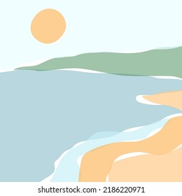 Contemporary art summer print templat. Abstract ocean waves Modern aesthetic background landscape.Mid-century beach landscape poster. Sea, skyline, wave. Stock vector illustration.