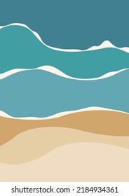 Contemporary art summer print templates. Abstract ocean waves contemporary aesthetic background landscape.Beach landscape poster. Sea, skyline, wave. Stock vector illustration.
