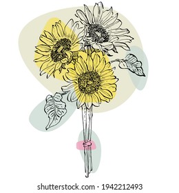 Contemporary art sunflower floral posters in trendy colors. Abstract hand drawing flowers and geometric elements and strokes, leaves and flower. 