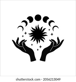 Contemporary art with witch hands and moon phases. Hand drawn boho vector illustration with mystical astrology symbol. Bohemian poster, magic cards, celestial tattoo, logo, print for shirt