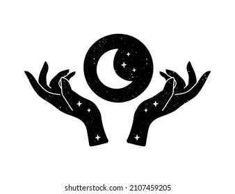 Contemporary art with witch hands and moon. Hand drawn boho vector illustration with mystical astrology symbol on white background. Bohemian poster, magic card, celestial logo, print for t shirt.