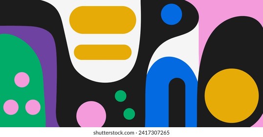 Fondo artístico contemporáneo con formas, formas y elementos de doodle coloridos dibujados a mano. Resumen de diseño de arte pop. Plantilla de banner horizontal de moda minimalista.