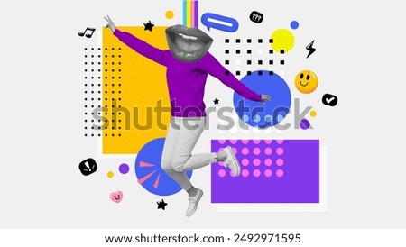 Contemporary artwork. Creative abstract template collage of funny young woman big smiling mouth instead head toothy beaming smile dancing chilling artwork. Copy space for ad. Vector illustration