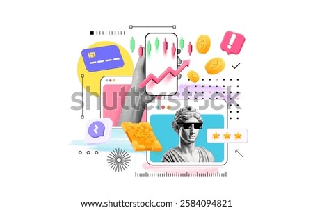 Contemporary artwork. Creative design. Creative banner for create new profitable idea. Concept of stock trade, Bitcoin trade, career development. Copy space for ad. Vector Illustration