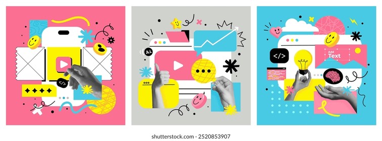 Contemporary artwork. Creative design, employees working together to create new profitable idea. Concept of business, success, growth, teamwork, career development. Copy space for ad. Vector