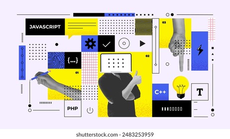 Obra de arte contemporáneo. Diseño creativo. grupo de personas, empleados trabajando juntos para crear una nueva idea rentable. Concepto de negocio, éxito, crecimiento, trabajo en equipo, desarrollo profesional. Copiar espacio para el anuncio.