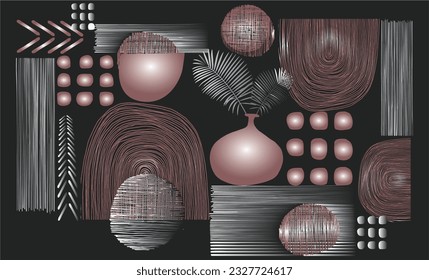 Contemporary artwork modern geometry watercolor texture abstract pattern background vase gold pink 
design, wall poster geometric shapes lines, circles,  printing modern and trend on gray background