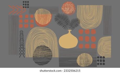 Contemporary artwork modern geometry watercolor texture abstract pattern background cream, orange vase
design, wall poster geometric shapes lines, circles,  printing modern, trend on gray background