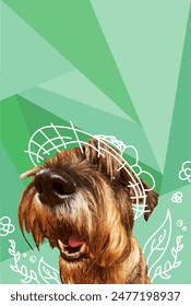 Obra de arte contemporáneo. Ilustración vectorial. Primer plano de Yorkshire terrier lindo en sombrero dibujado. Combinación de colores vibrante. Concepto de mascotas, vacaciones, emociones positivas, compañero, descanso, vacaciones de verano.