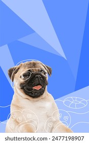 Contemporary artwork. Vector illustration. Close-up photo of pug dog swimming in pool in sunglasses and life preserver. Vibrant color scheme. Concept of pets, holidays, rest, summer vacation.