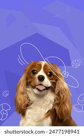 Contemporary artwork. Vector illustration. Close-up photo of cavalier King Charles Spaniel wearing knit hat. Vibrant color scheme. Concept of pets, holidays, positive emotions, rest, summer vacation