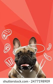 Contemporary artwork. Vector illustration. Cute French bulldog doing barbeque. Vibrant color scheme. Concept of pets, holidays, positive emotions, companion, rest, summer vacation.