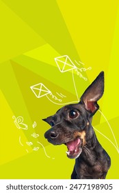 Contemporary artwork. Vector illustration. Dog with its mouth open looking at kite while have fun at nature. Vibrant color scheme. Concept of pets, holidays, positive emotions, rest, summer vacation.