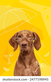 Obra de arte contemporáneo. Ilustración vectorial. Perro con gafas de sol y parado bajo la sombrilla de la playa. Combinación de colores vibrante. Concepto de mascotas, vacaciones, emociones positivas, descanso, vacaciones de verano.