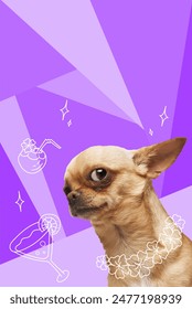 Contemporary artwork. Vector illustration. Little Chihuahua in drawn flower lei on abstract tropical holidays. Vibrant color scheme. Concept of pets, companion, positive emotions, summer vacation.