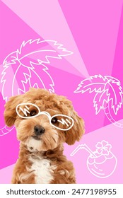 Contemporary artwork. Vector illustration. Little cute dog in drawn sunglasses against surreal beach. Vibrant color scheme. Concept of pets, holidays, positive emotions, rest, summer vacation.