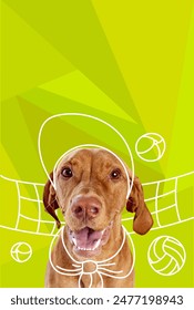 Contemporary artwork. Vector illustration. Portrait of purebred cute dog playing beach volleyball. Vibrant color scheme. Concept of pets, holidays, positive emotions, companion, rest, summer vacation.