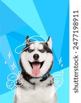 Contemporary artwork. Vector illustration. Smiling Husky eating sweet ice cream. Vibrant color scheme. Concept of pets, holidays, positive emotions, companion, rest, summer vacation.