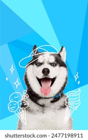 Contemporary artwork. Vector illustration. Smiling Husky eating sweet ice cream. Vibrant color scheme. Concept of pets, holidays, positive emotions, companion, rest, summer vacation.