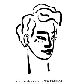 Contemporary Asian American trendy young man, teenager with piercing artistic line art portrait, stylish line art guy's face. Poster, banner vector illustration.