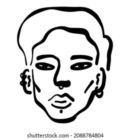 Contemporary Asian American young man, teenager with piercing art portrait, stylish line art guy's face. Poster, banner vector illustration.