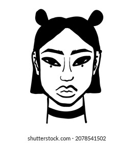 Contemporary Asian American young woman in chocker necklace, teenager with fashion style make up art portrait, stylish line art girl's face. Poster, banner vector illustration.