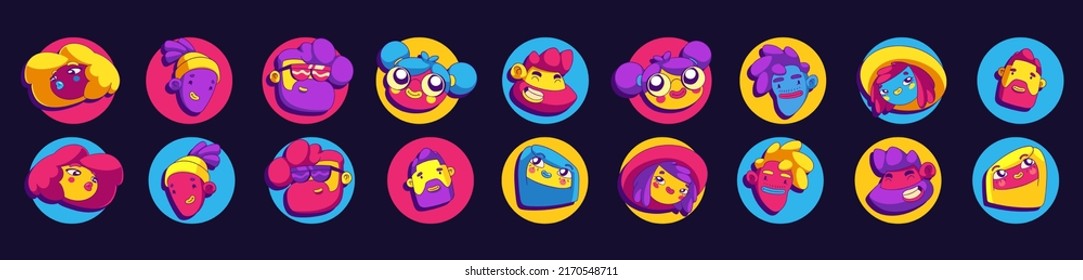 Contemporary avatars with funny characters faces in round frames. Vector set of male and female portraits, people with different hairstyles, glasses and beard in trendy art style