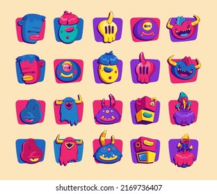 Contemporary avatars with funny comic creatures in square frames. Vector set of alien furry animals with teeth, horns, mushrooms and pyramid on head in trendy art style