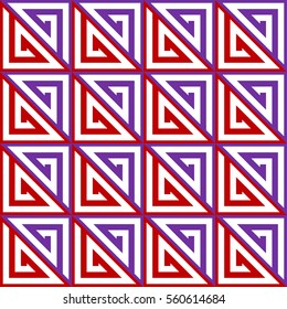 Contemporary Aztec style pattern (adjacent equilateral triangles in square shape tile - vector, repeating, seamless) Red and purple