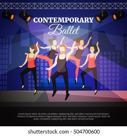 Contemporary ballet poster with dancing people and stage flat vector illustration 