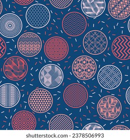 Contemporary bandana print geometric endless pattern. Circular shapes with fantasy patterns inside. Asian geometry in circles. Mottled texture background. Gift wrapper design.