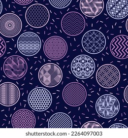 Contemporary bandana print vector seamless ornament. Round shapes with geometric abstractions inside. Japanese geometry in bubbles. Freckled texture background. Candy wrapper design.