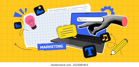 Contemporary banner with a computer, halftone hand, speech bubble, icons, and text. Art Collage marketing and business on the paper glued on tape and arrow. Concept social media, news. vector elements